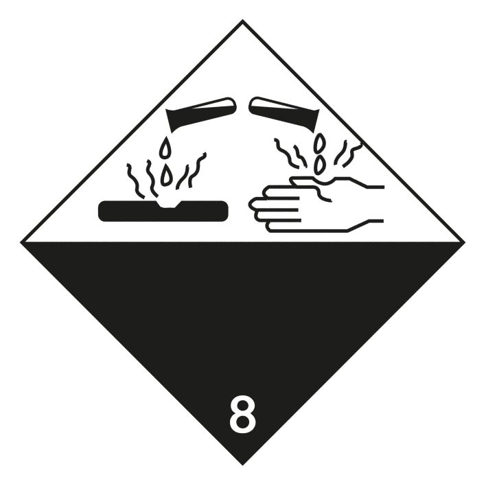 ADR 8 Corrosive label, 100mm x 100mm,  1.000 labels, core 76mm