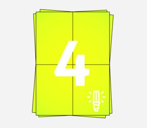 A4 Sheet Labels, 105mm x 148mm, 4 Per Sheet, Fluorescent Yellow, Permanent