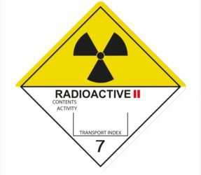 IATA 7.2 radioactive II label, 100mm x 100mm, 1.000 labels, core 76mm